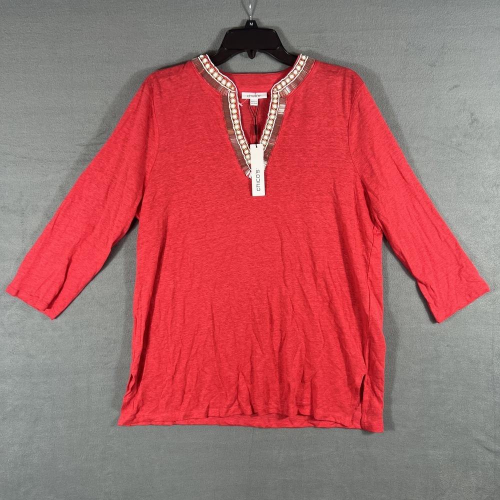 Chico's Watermelon Punch Linen Blend Tunic Top Women's Size 2 (US L) Beaded